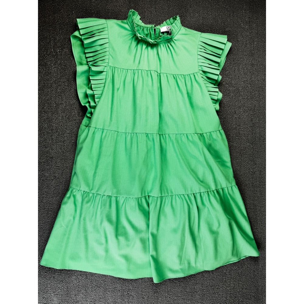 CROSBY by Mollie Burch Dress Womens Medium Neon Green Babydoll Ruffle Bright